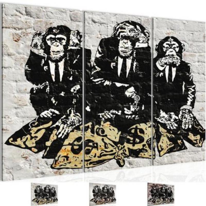 Nieuw schilderij 3 luik Banksy - Bankroof Apen 130 x 80 cm