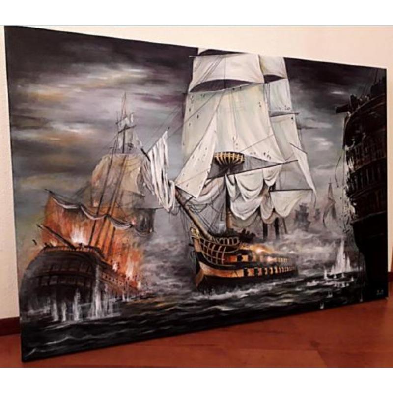Groot klassiek schilderij Zeeslag , handgeschilderd nieuw