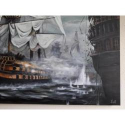 Groot klassiek schilderij Zeeslag , handgeschilderd nieuw