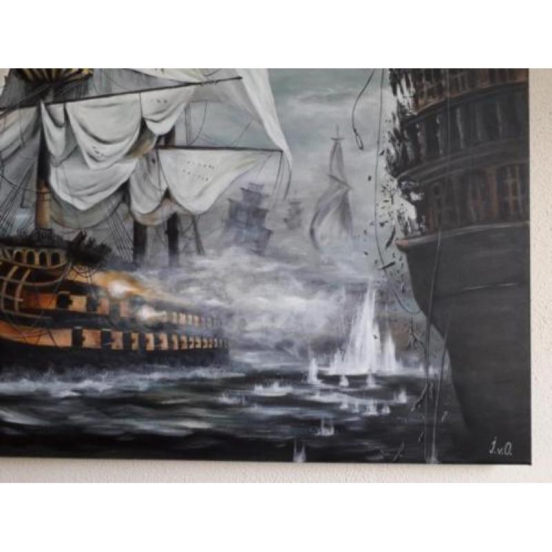 Groot klassiek schilderij Zeeslag , handgeschilderd nieuw