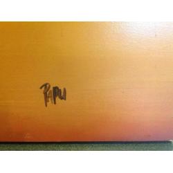 Groot, abstract schilderij. Gesigneerd: Papu. In goede staat