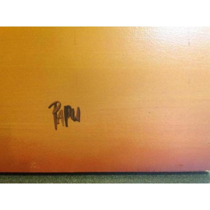 Groot, abstract schilderij. Gesigneerd: Papu. In goede staat