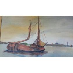 prachtige aquarel zeilschepen Tjalken IJssel of Friesland