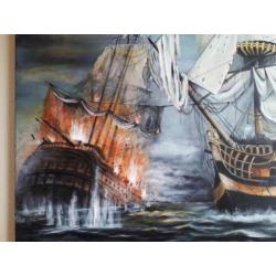 Groot klassiek schilderij Zeeslag , handgeschilderd nieuw