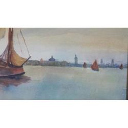 prachtige aquarel zeilschepen Tjalken IJssel of Friesland