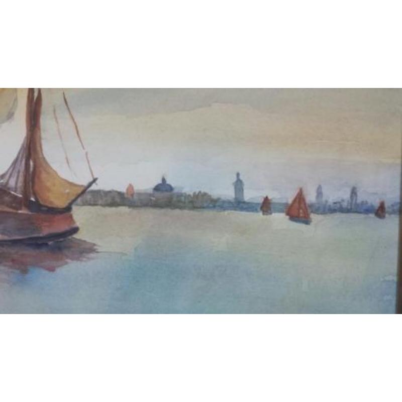 prachtige aquarel zeilschepen Tjalken IJssel of Friesland