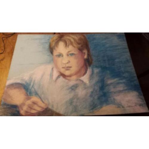 Mooie krijt tekening Carla van Leeuwen 1987 wie herkent het?