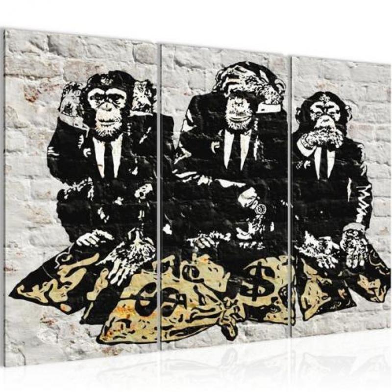 Nieuw schilderij 3 luik Banksy - Bankroof Apen 130 x 80 cm