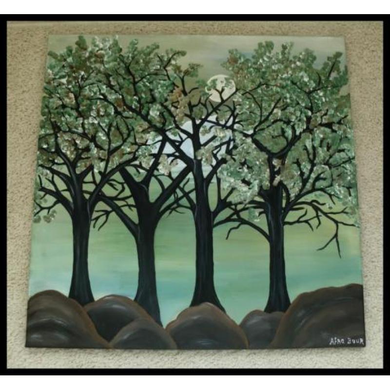 Handgeschilderd acryl schilderij / GROEN/ZWART & BRUIN