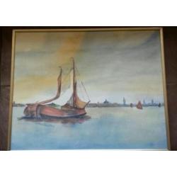 prachtige aquarel zeilschepen Tjalken IJssel of Friesland