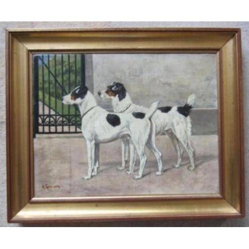 =gesigneerd GREINER === twee honden houden wacht==ca 1900==