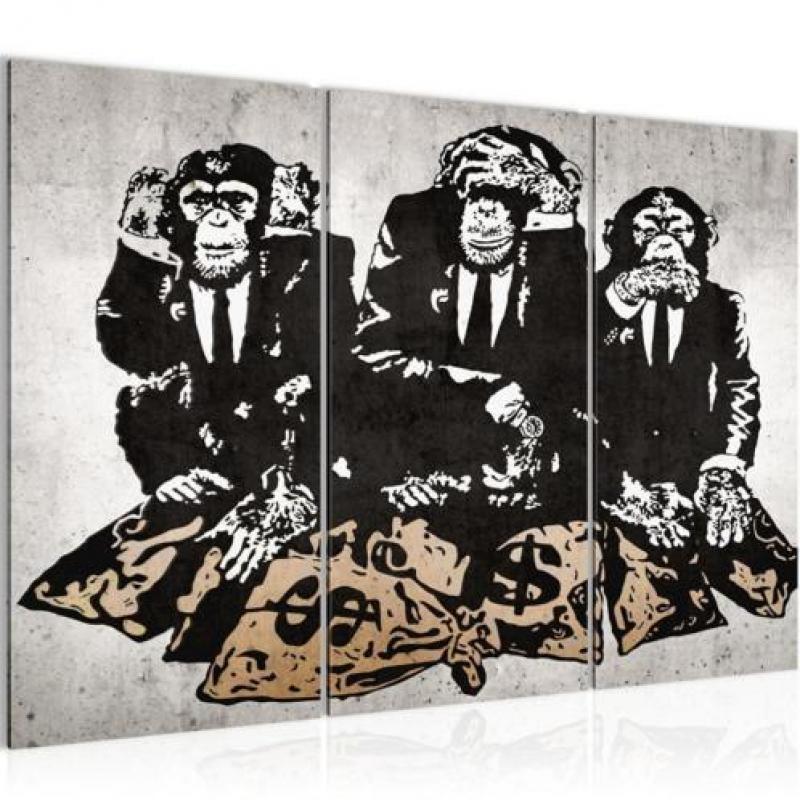 Nieuw schilderij 3 luik Banksy - Bankroof Apen 130 x 80 cm