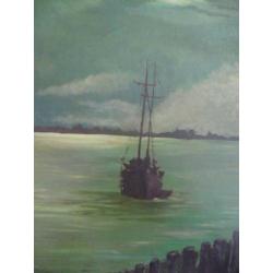 schilderij DE SCHELDE BIJ NACHT -BERGEN OP ZOOM- afm.66x78cm