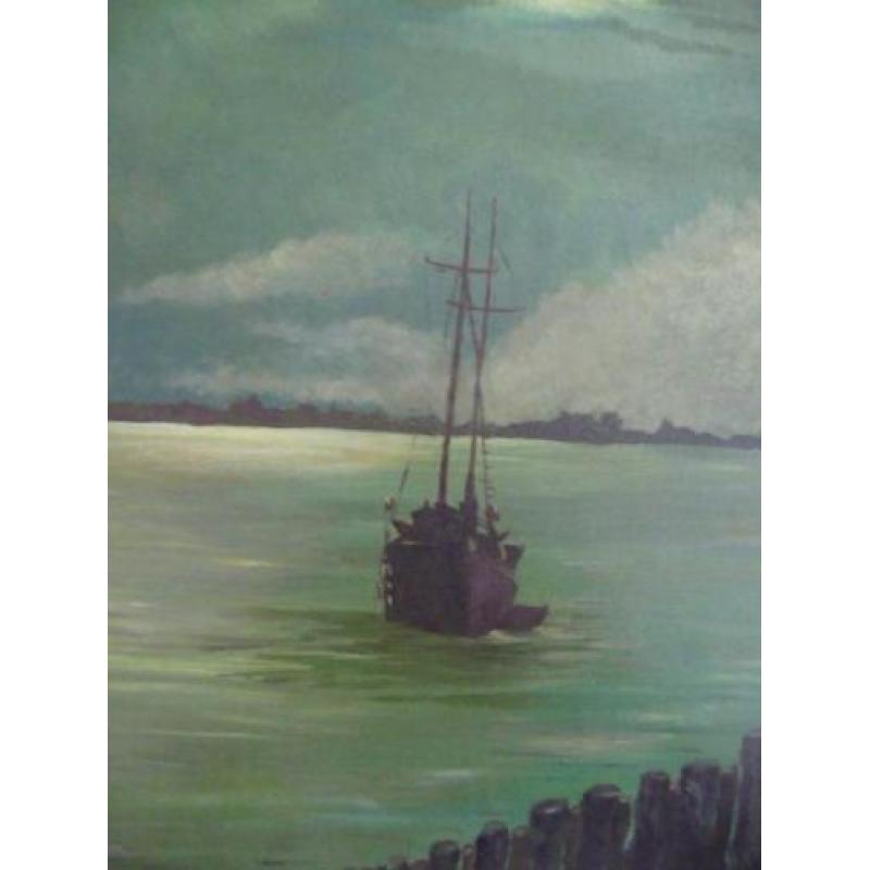 schilderij DE SCHELDE BIJ NACHT -BERGEN OP ZOOM- afm.66x78cm