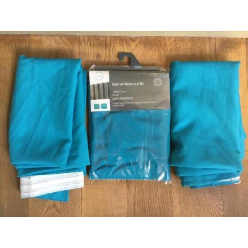4 blauwe gordijnen 140x270 met plooiband